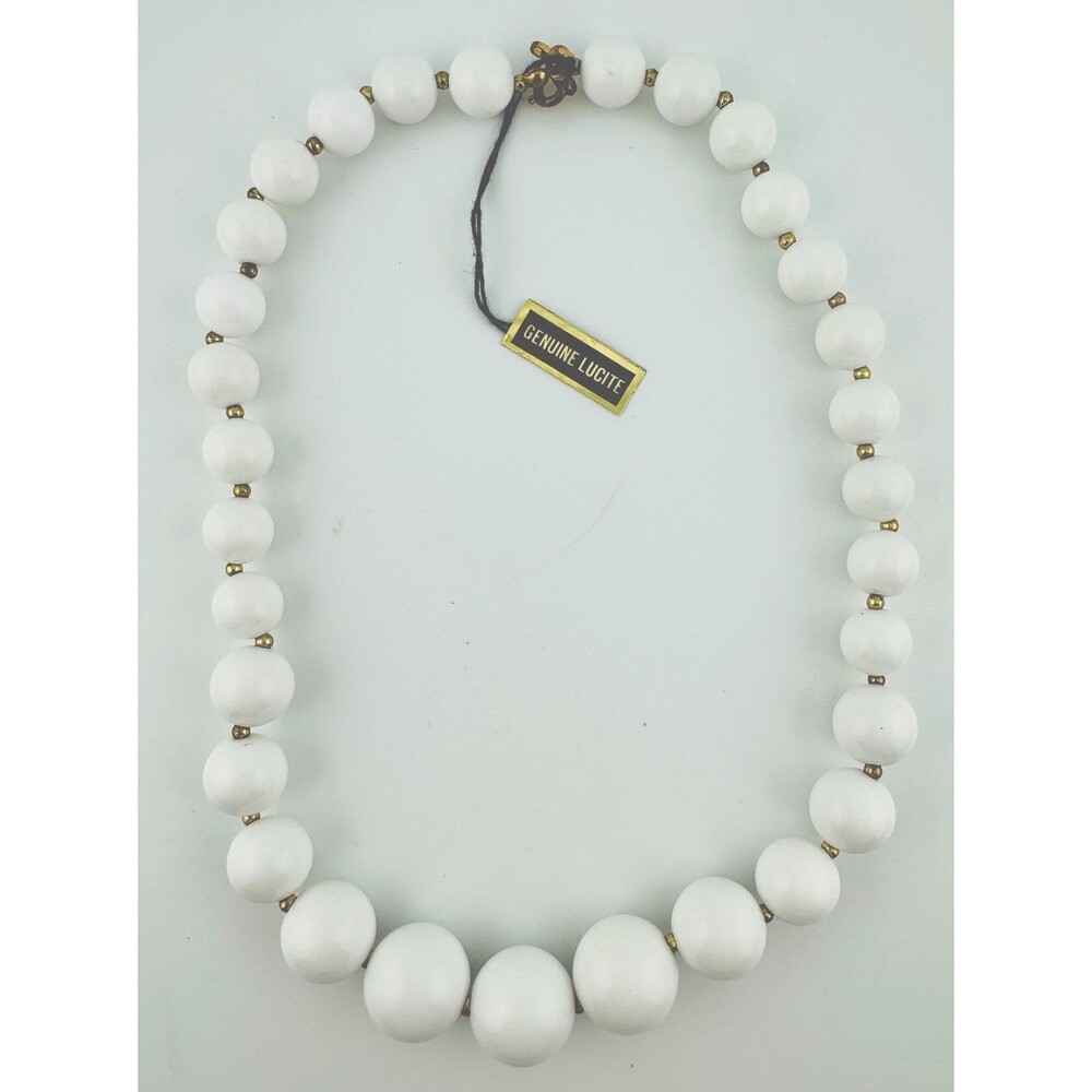 Vintage Genuine Lucite White Bead Necklace 18” w/ Gold Tone Spacers & Tag